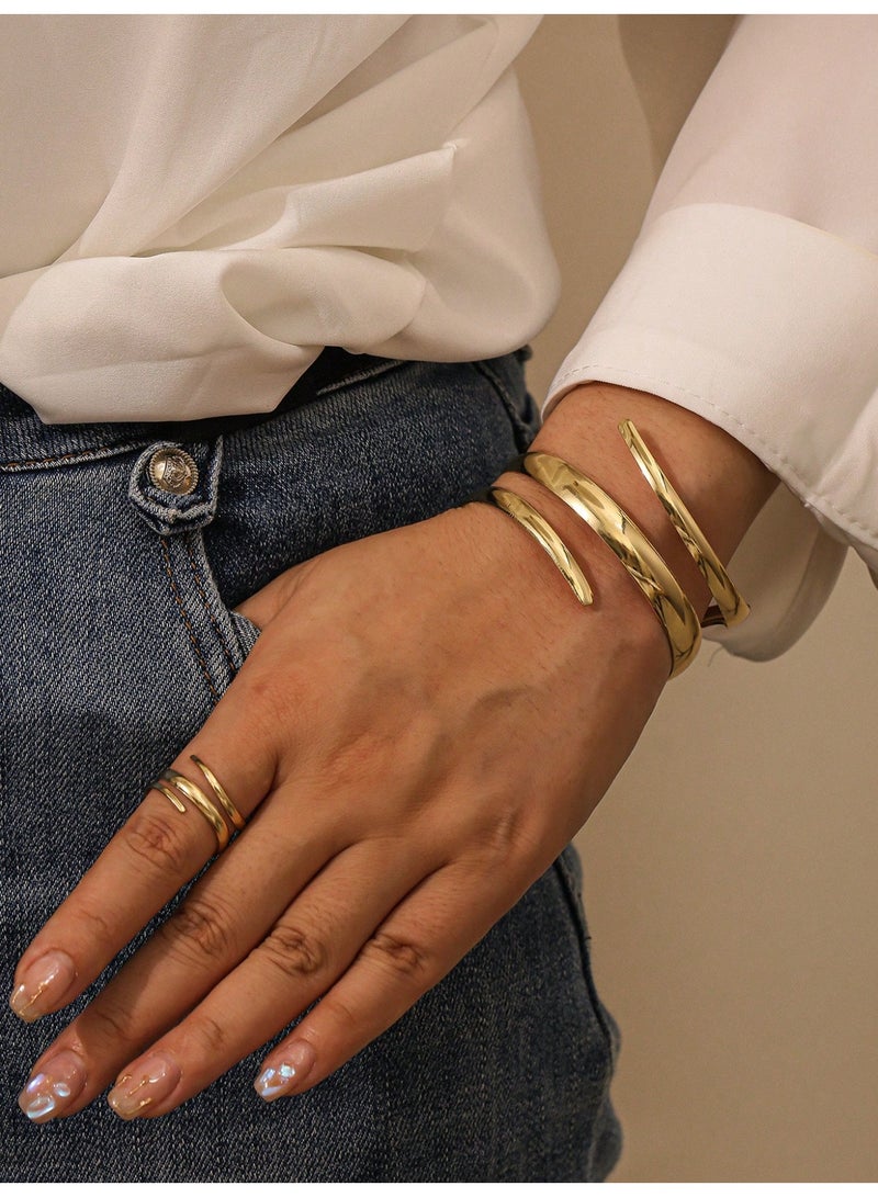 Shein Luxury Women's 2 Piece Gold Geometric Design Jewelry Set, Including Cuff Bracelet and Ring, Suitable for Daily Use and Special Occasions, Perfect Valentine's Day Gift. - Image 2